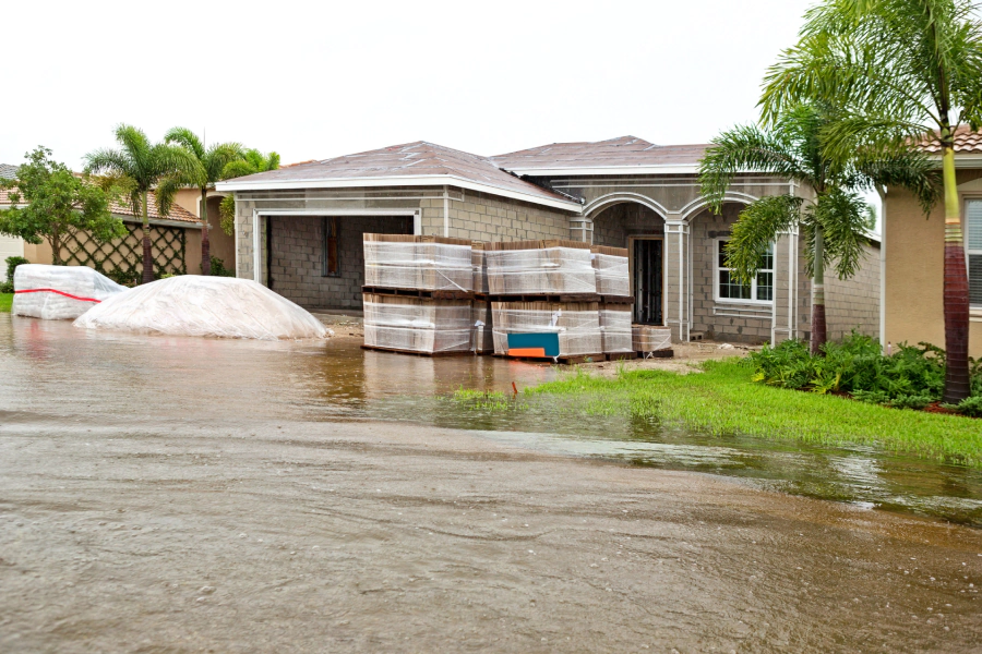 brown house with a light brown roofing and some palms outside